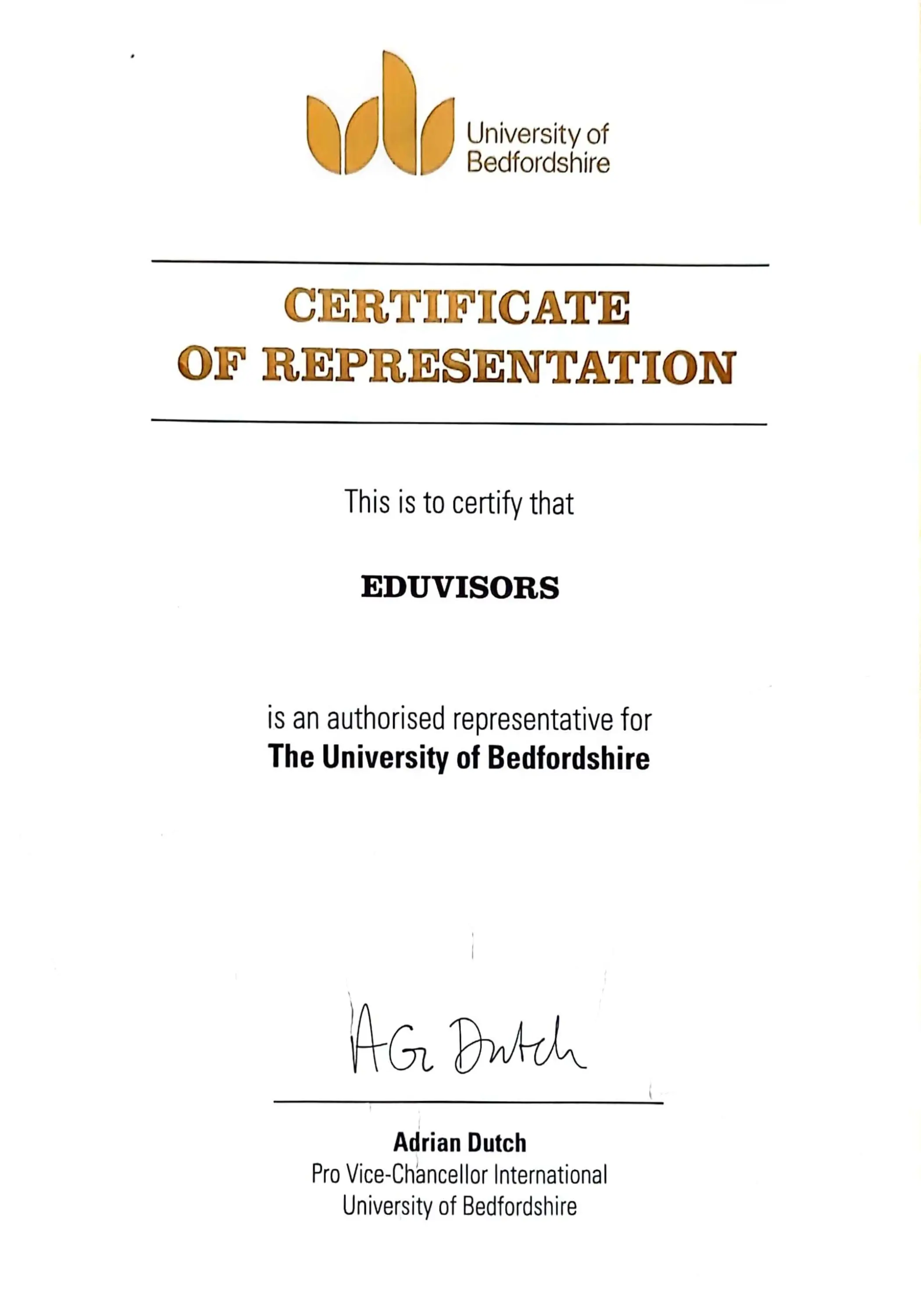 University of Bedfordshire Certificate of Representation